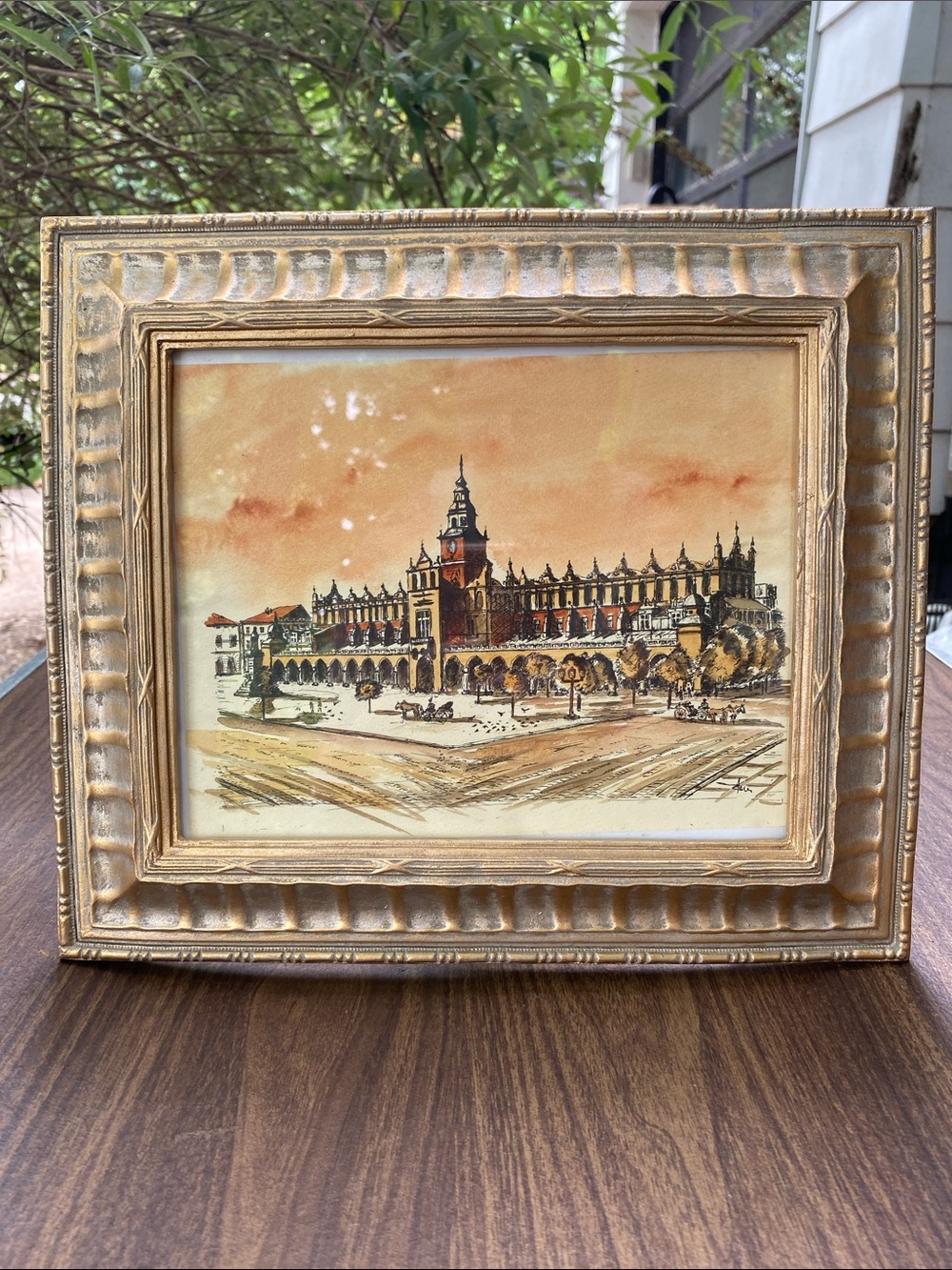 Vintage Framed Architectural Watercolor in Gold Frame
